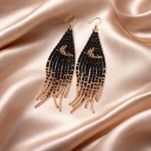 Hidden Moon Seed Bead Fringe Dangle Earrings | Blue & Rose Gold | Boho Chic Hand